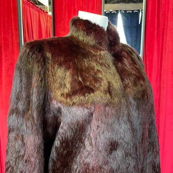 90s Y2K Burgundy Red Dyed Rabbit Fur Coat Luxury Womens M Soft Vamp Plush - Picture 4 of 9